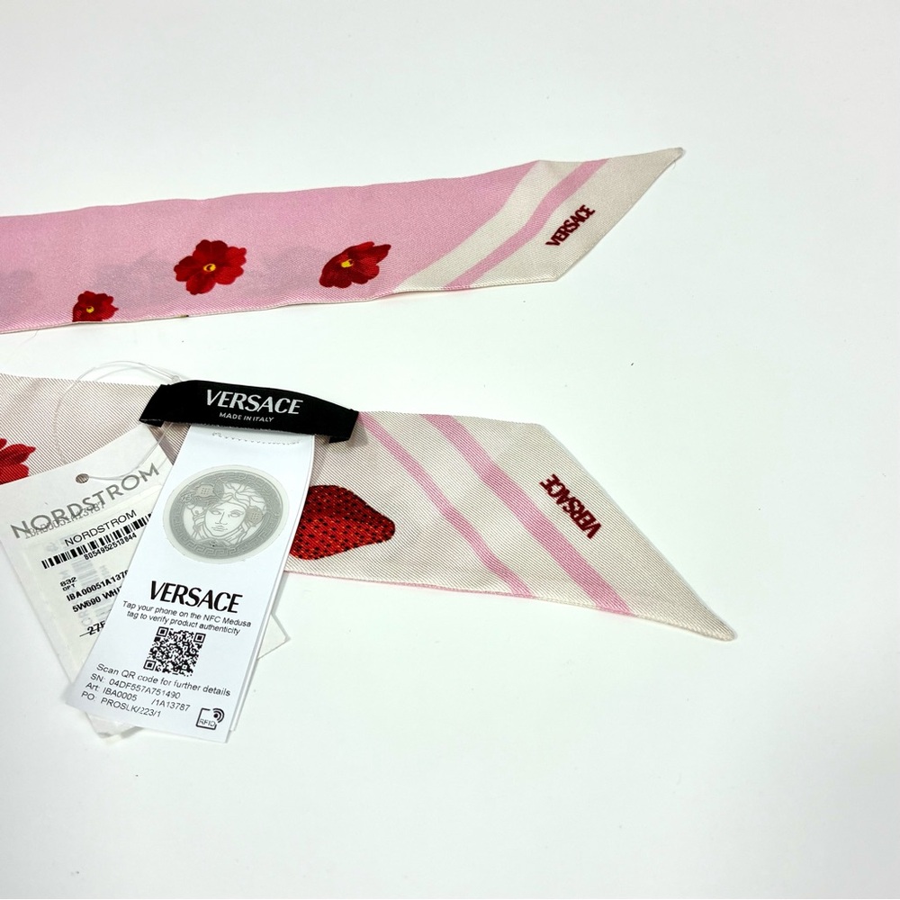 Versace Strawberry Garden Silk Skinny Twill Scarf Tie Logo Pink Red NWT - Picture 16 of 16
